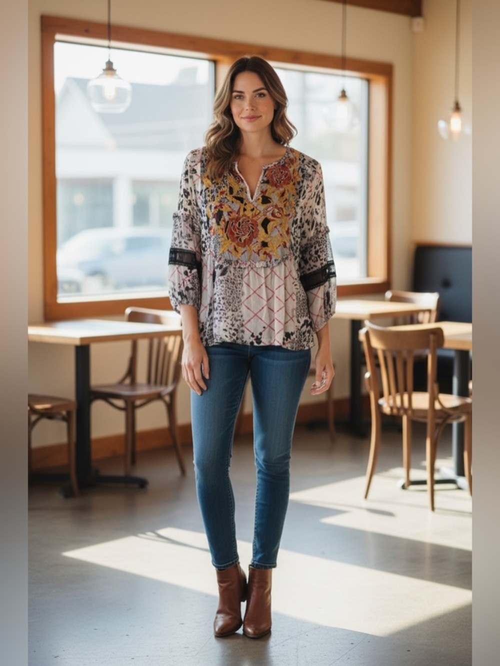 Anthropologie White Mixed-Print Embroidered Peasant Blouse - Picture 13 of 13